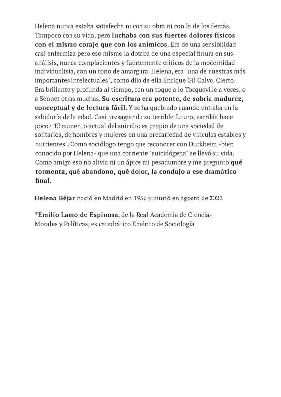 En recuerdo a nuestra compañera Helena Béjar, brillante analista del individualismo moderno. Por Emilio Lamo de Espinosa - 3